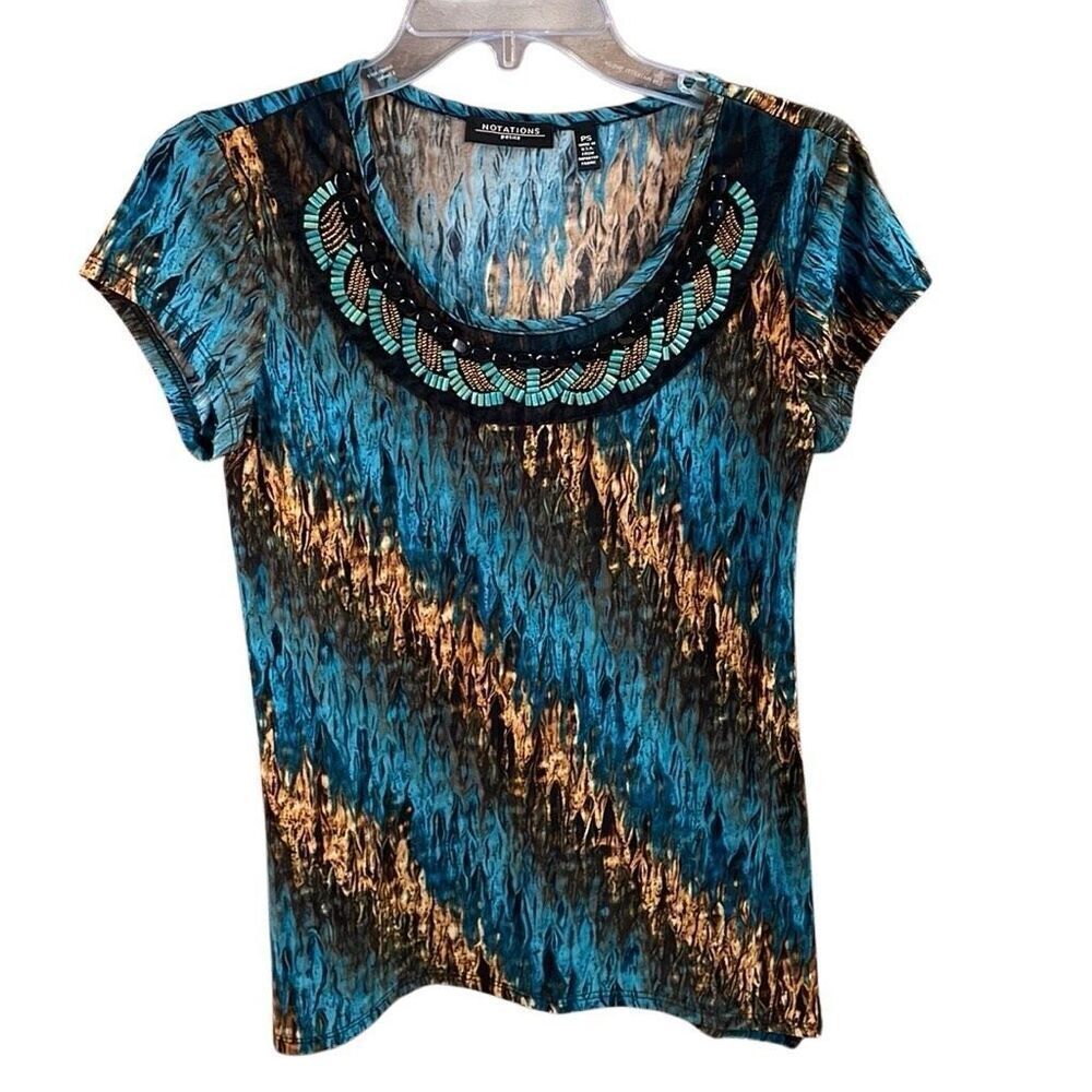 NOTATIONS Petite Small Beaded Scoop Neck Cap Sleeves Asymmetrical Hem Blouse PS